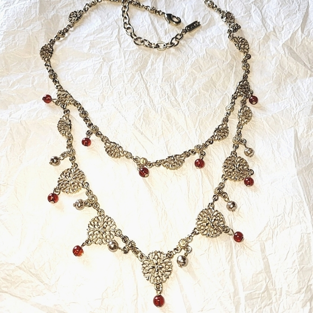 BEN-AMUN FESTOON STYLE LAYERED NECKLACE with FILIGREE DISCS, AMBER BEADS